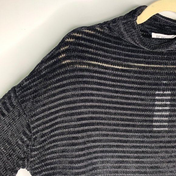 NWT BCBGENERATION Black Knit Striped Velour Mock Neck Balloon Sleeve Tunic Sz‎ M - Picture 2 of 8